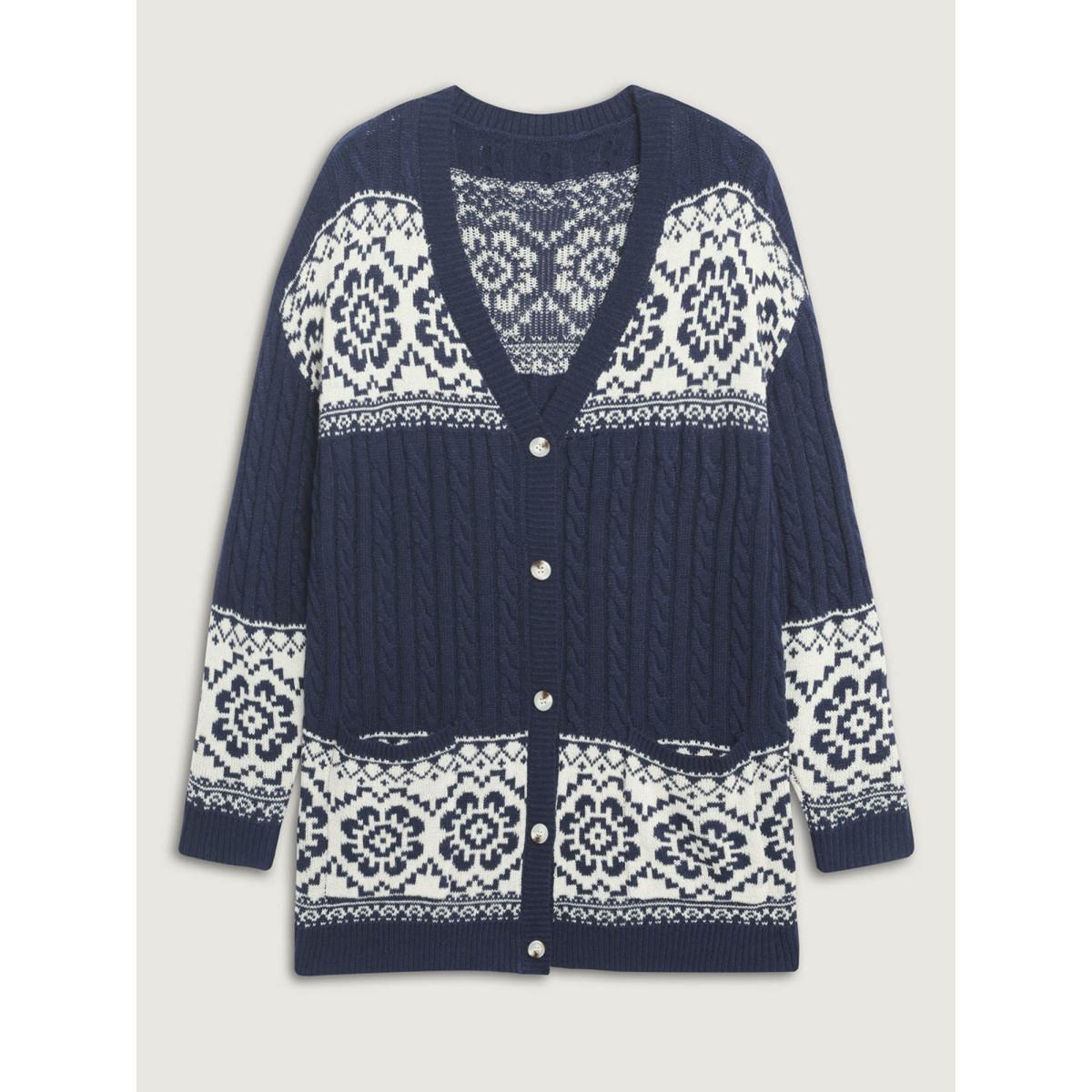 Plus Size Cable Knit Floral Jacquard Pockets Knit Cardigan Indigo Women Leisure Loose Long Sleeve Casual Cardigans BloomChic 22-24/3X Product Image