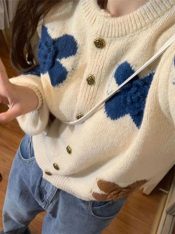 Flower Crochet Embroidery Knit Cardigan Product Image