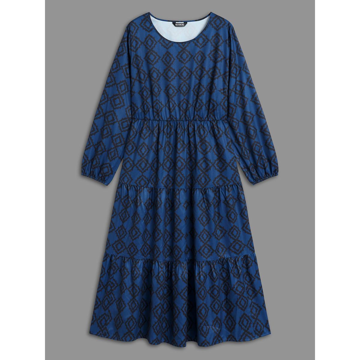 Plus Size Bandana Geometric Ruffle Layered Hem Dress Indigo Women Resort Non Round Neck Long Sleeve Curvy BloomChic 10/M Product Image