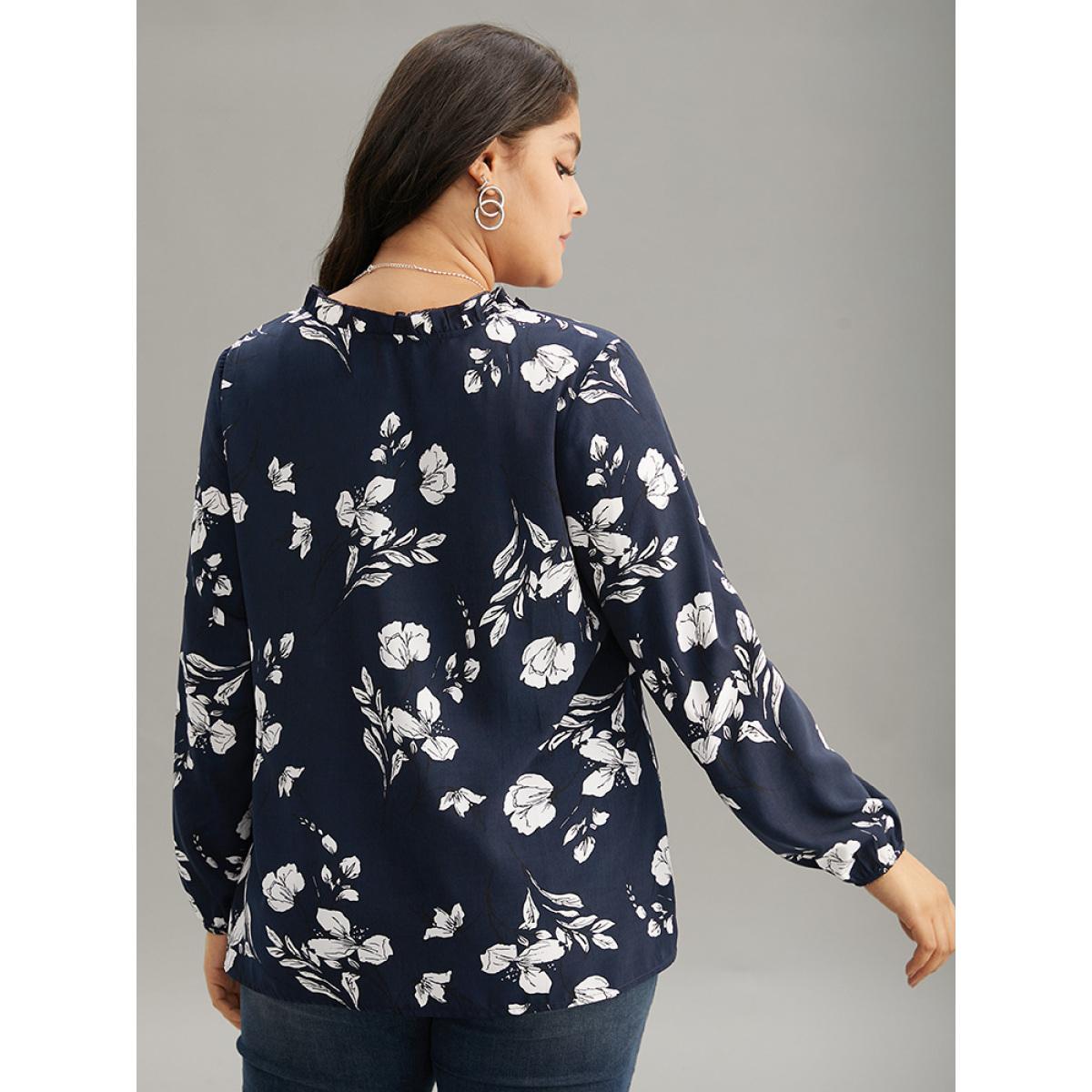 Plus Size Indigo Silhouette Floral Print Ruffles Lantern Sleeve Blouse Women Elegant Long Sleeve V-neck Vacation Blouses BloomChic 14-16/1X Product Image