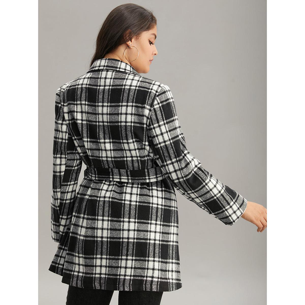 Plus Size Plaid Belted Pocket Double Breasted Coat Women Black Casual Lined Ladies Dailywear Winter Coats BloomChic 26/4X Product Image
