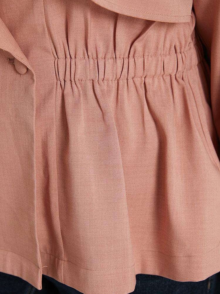 Solid Button Up Elastic Waist Lapel Collar Coat Female Product Image