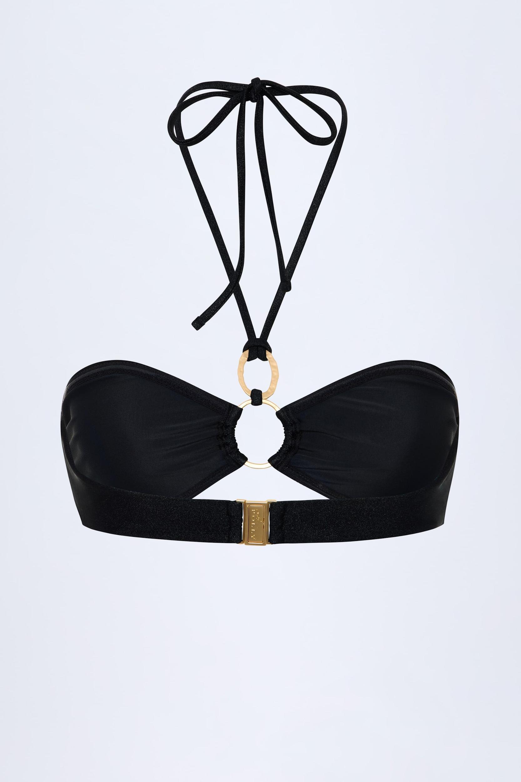 Hardware-Detail Ruched Halterneck Bikini Top in Black Product Image