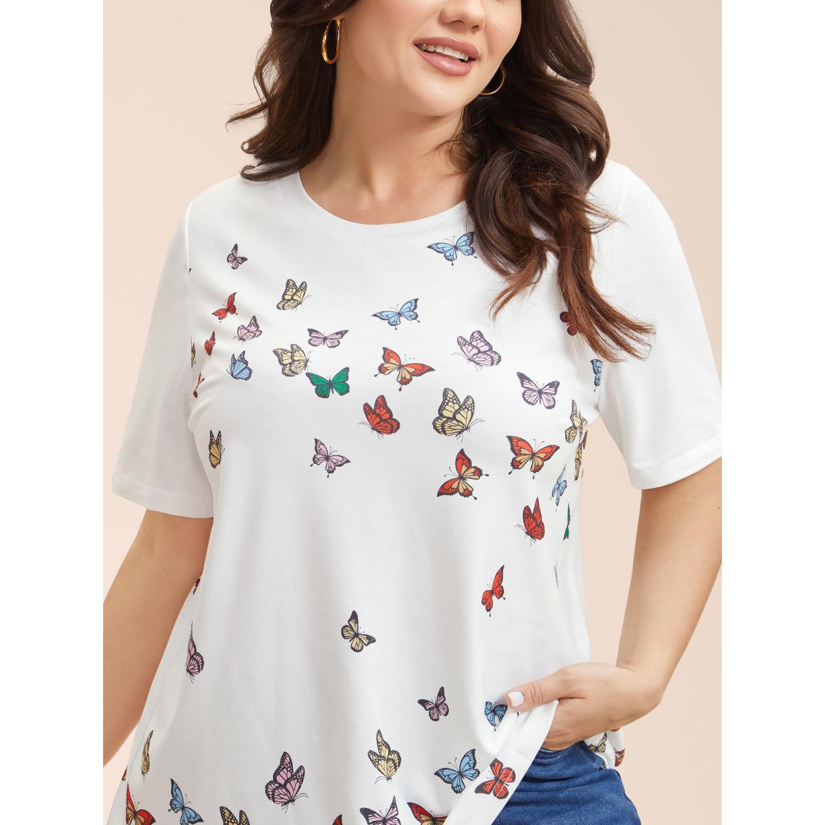 Plus Size Butterfly Print Stretchy T-Shirt Opticwhite Women Casual Non Butterfly Round Neck Everyday T-shirts BloomChic 22-24/3X Product Image