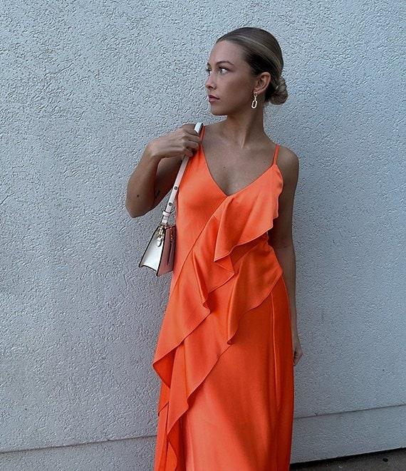 Gianni Bini Quinn Ruffle Draped V-Neck Sleeveless Satin Dress Product Image