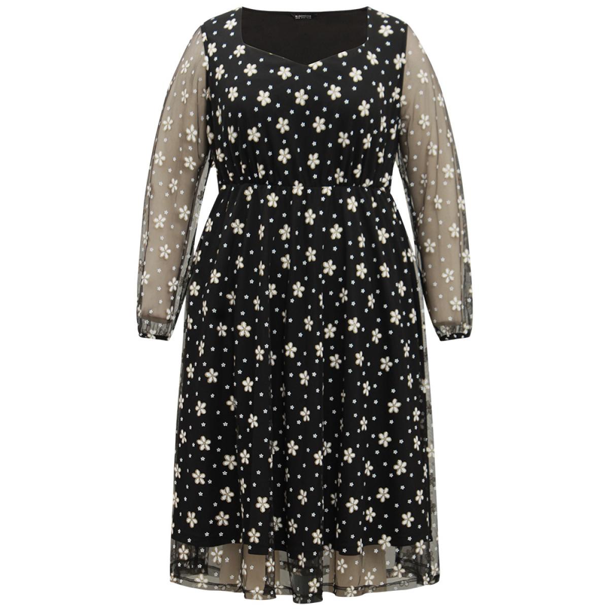 Plus Size Floral Lace Mesh Pocket Elastic Waist Dress Black Women Party Elastic cuffs Square Neck Long Sleeve Curvy Midi Dress BloomChic 30/6X Product Image