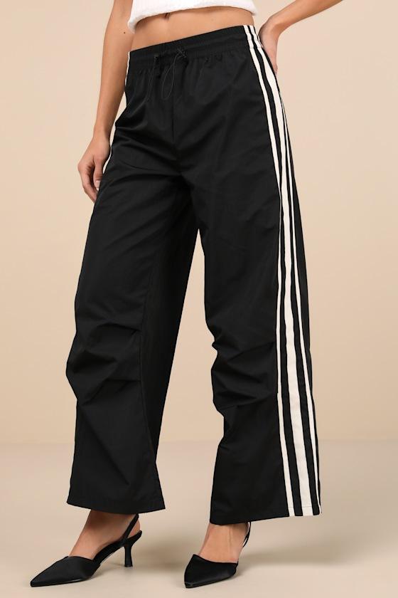 Sporty Sweetie Black Nylon Drawstring Wide-Leg Athletic Pants Product Image