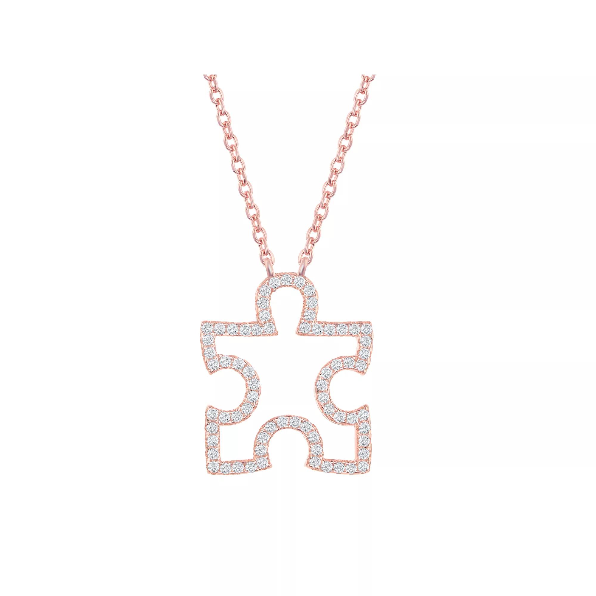 Cubic Zirconia Open Puzzle Piece Pendant Necklace, Womens Pink Tone Product Image