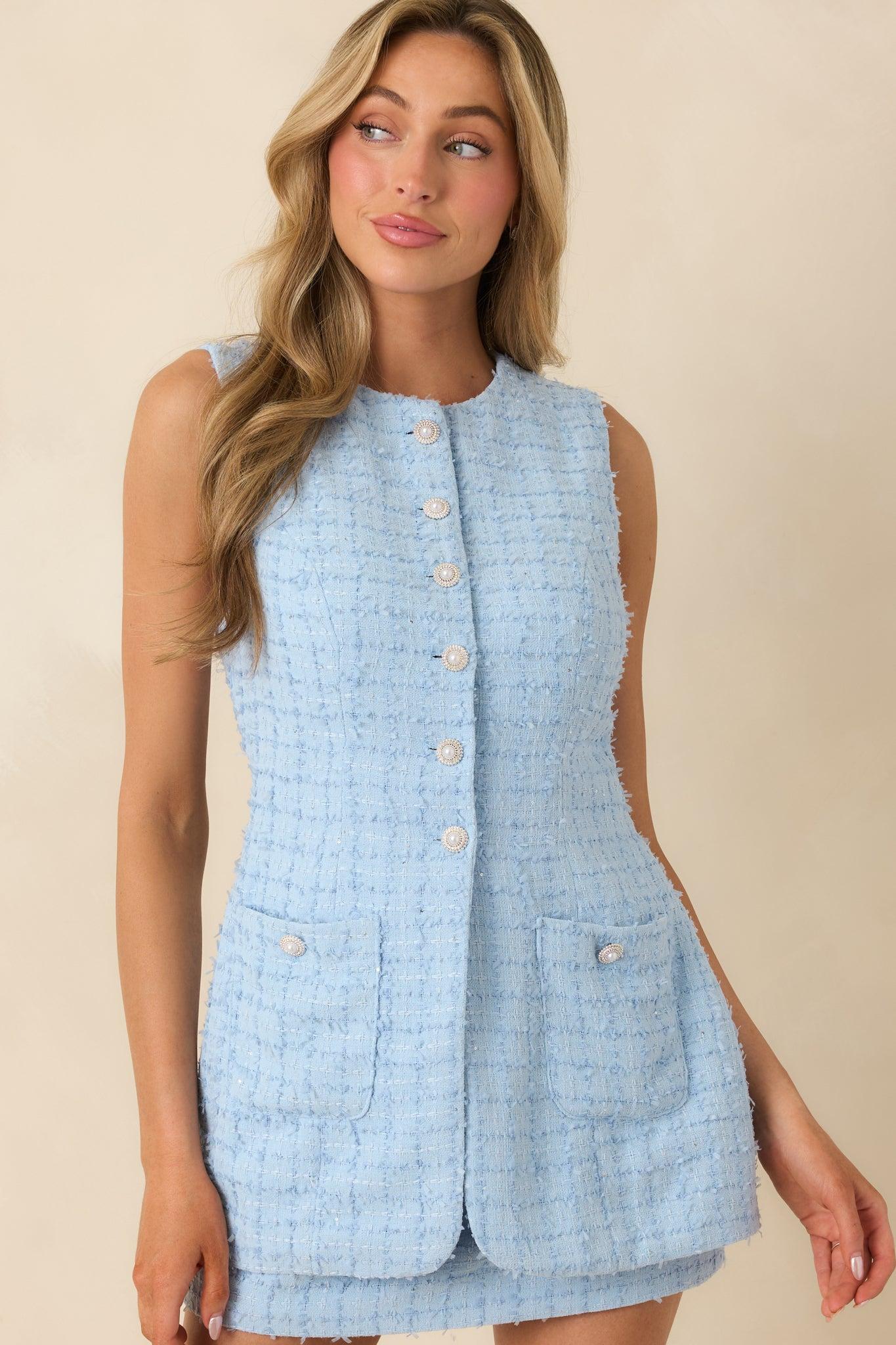 Won’t Back Down Light Blue Textured Woven Sleeveless Mini Dress Product Image