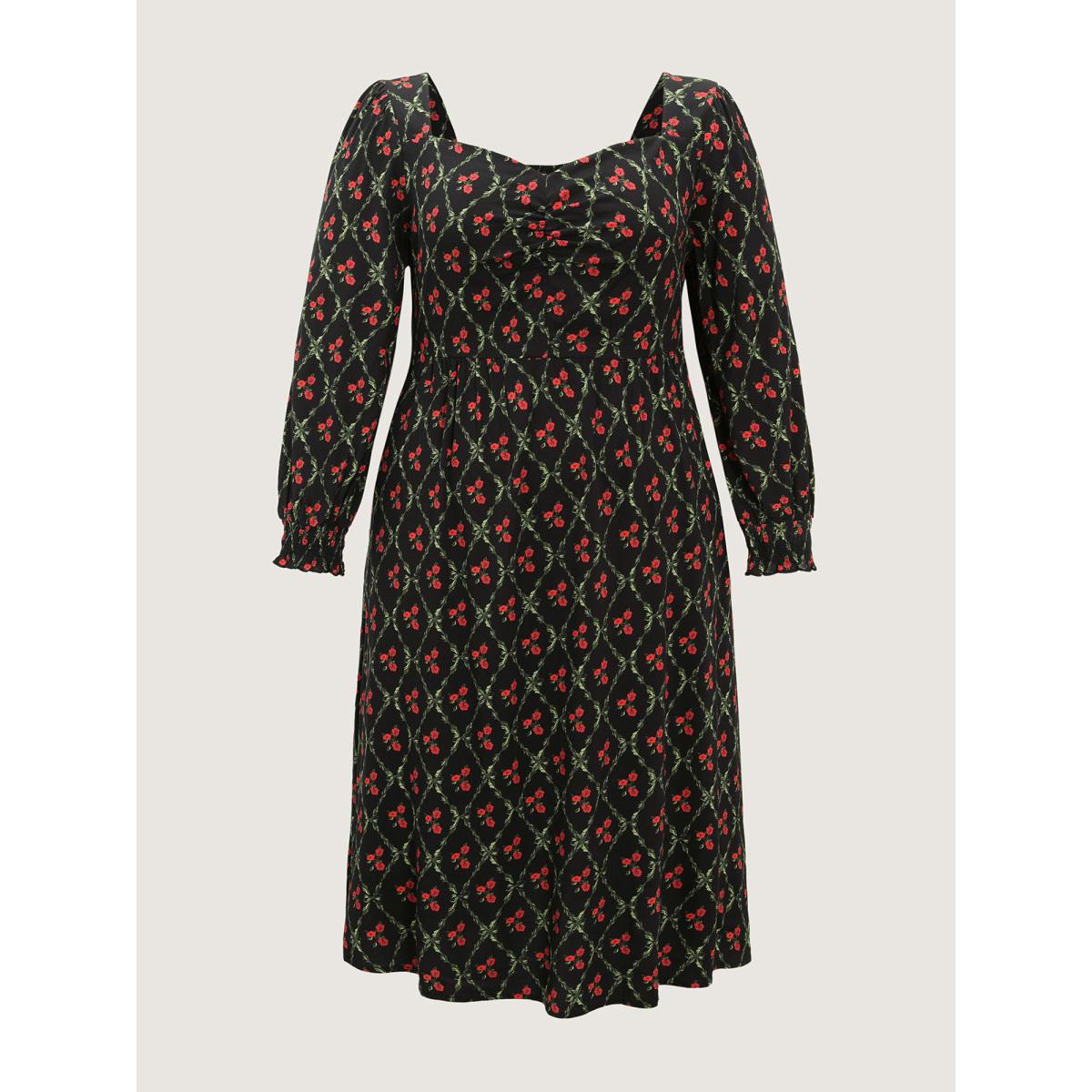Plus Size Floral Print Square Neck Ruched Midi Dress BlackFlower Women Timeless Gathered Heart neckline Long Sleeve Curvy BloomChic 10/M Product Image