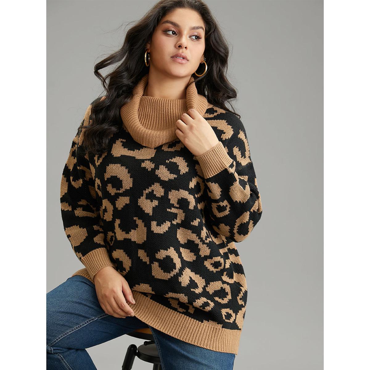 Plus Size Leopard Contrast Jacquard Turtleneck Pullover Bronze Women Casual Loose Long Sleeve Turtleneck Dailywear Pullovers BloomChic 28/5X Product Image