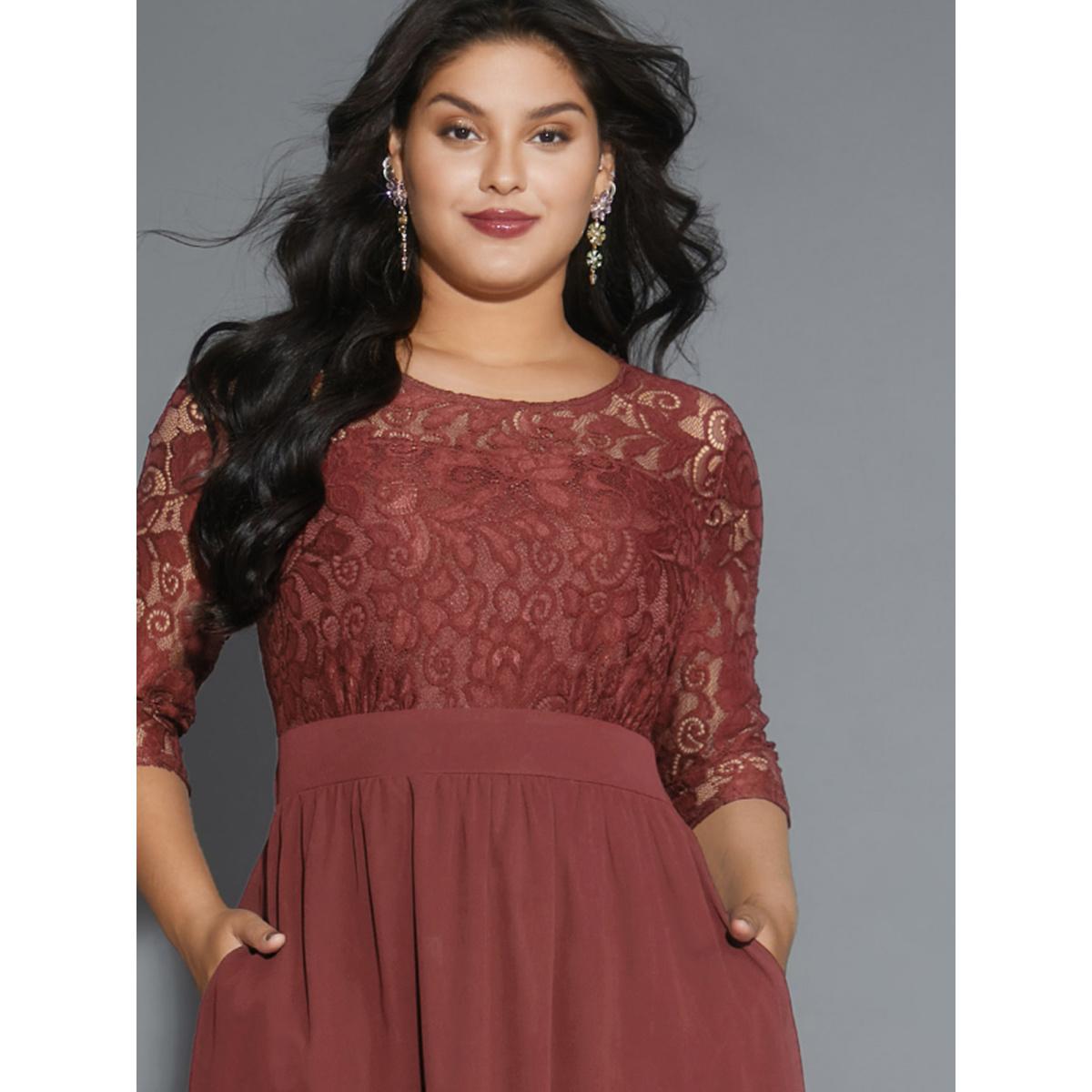 Plus Size Lace Patchwork Shirred Midi Pocket Dress Russet Women Cocktail Woven ribbon&lace trim Round Neck Elbow-length sleeve Curvy BloomChic 18-20/2X Product Image