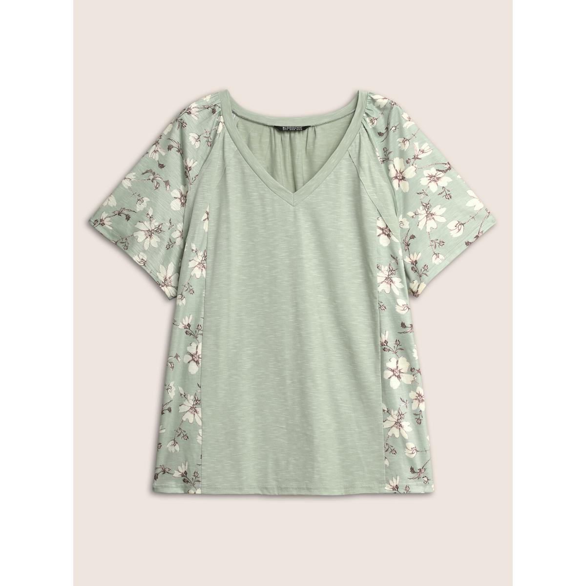 Plus Size Floral Patchwork Pleated Raglan Sleeve T-shirt LightGreen Women Elegant Contrast Natural Flowers V-neck Everyday T-shirts BloomChic 14-16/1X Product Image