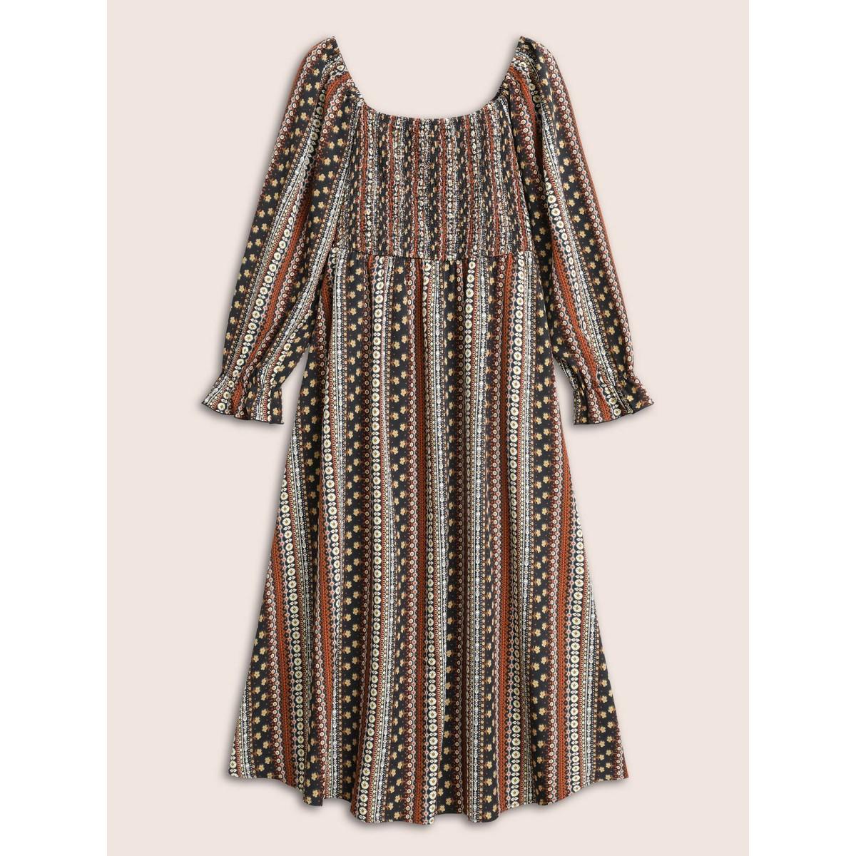 Plus Size Bandana Print Square Neck Shirred Gathered Dress Multicolor Women Vacation Gathered Square Neck Long Sleeve Curvy Midi Dress BloomChic 22-24/3X Product Image