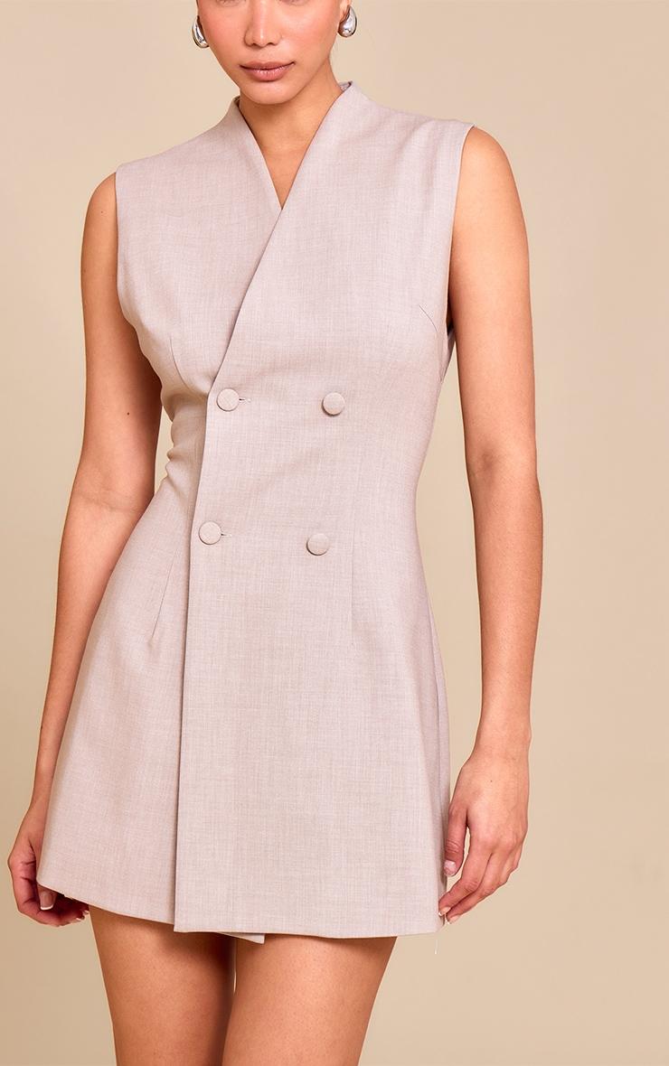  Sand Woven Collarless Button Mini Dress Product Image