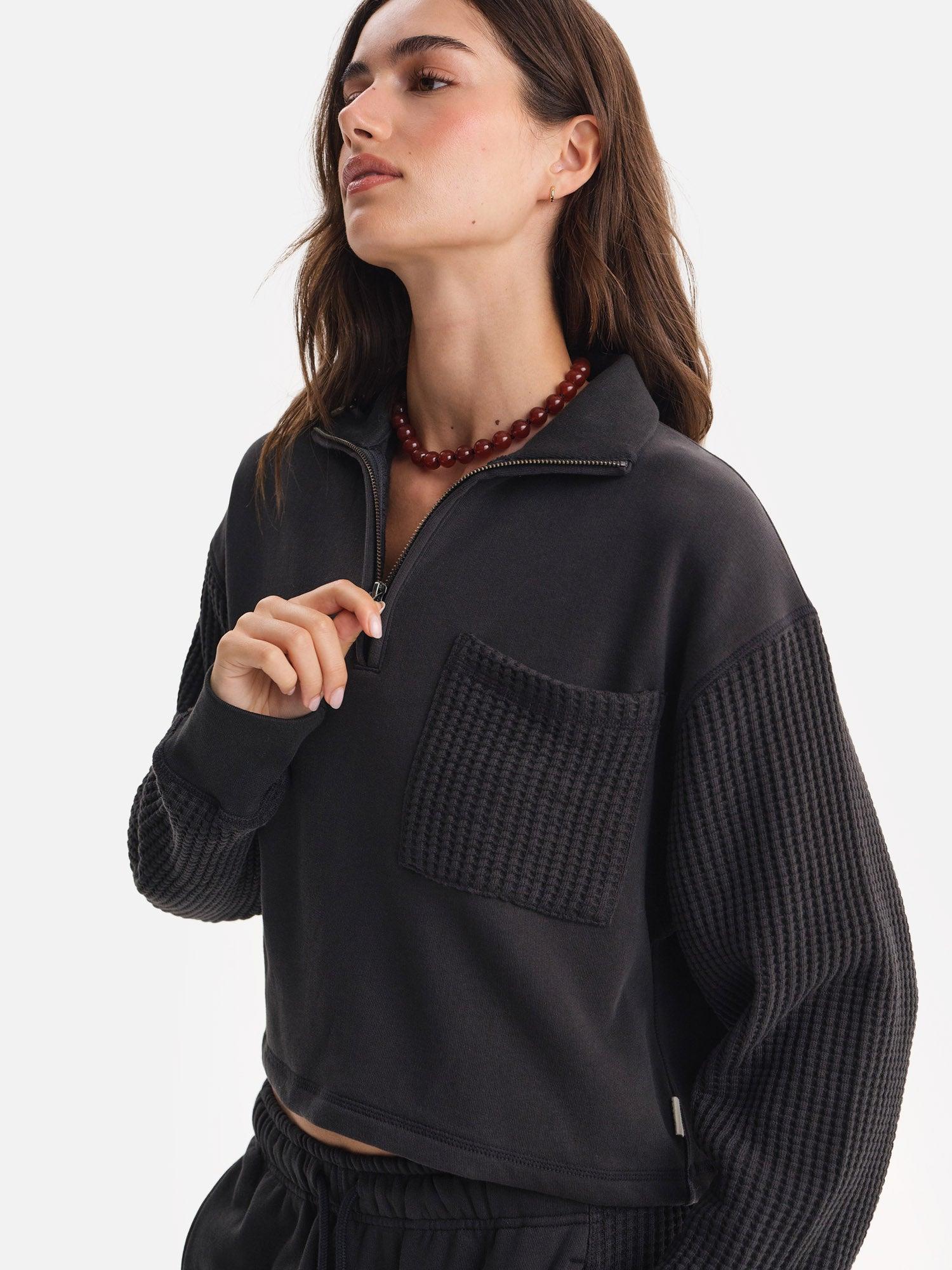 Organic Fleece and Waffle Cropped Half-Zip Sweatshirt Female Product Image