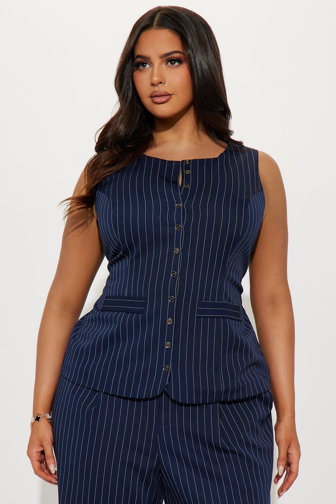 Stephanie Pinstripe Vest Pant Set - Navy Product Image