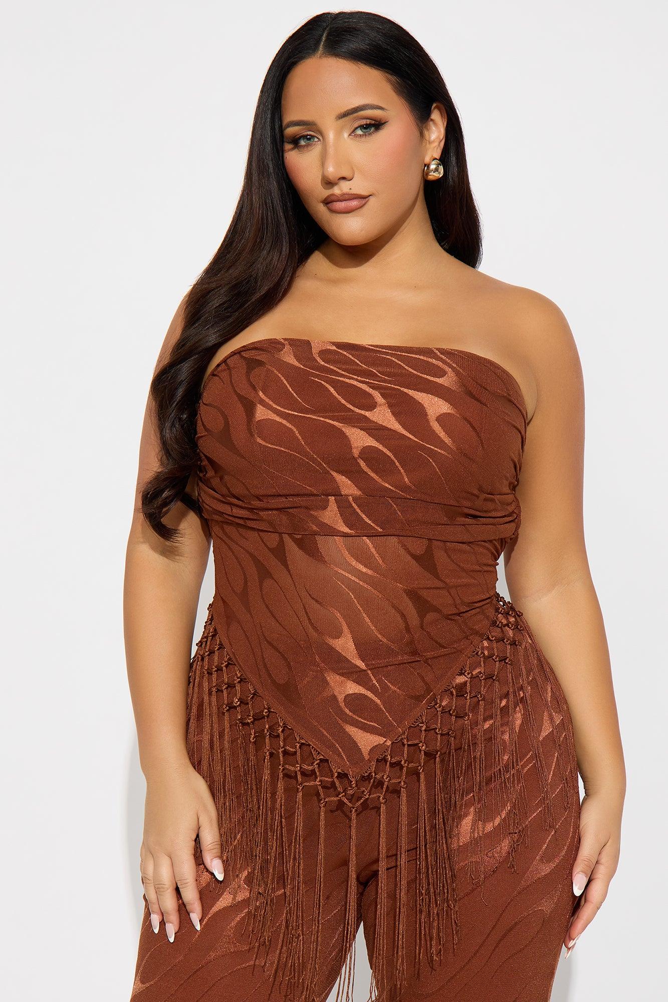 Pia Fringe Tube Top Flare Pant Set - Rust Product Image