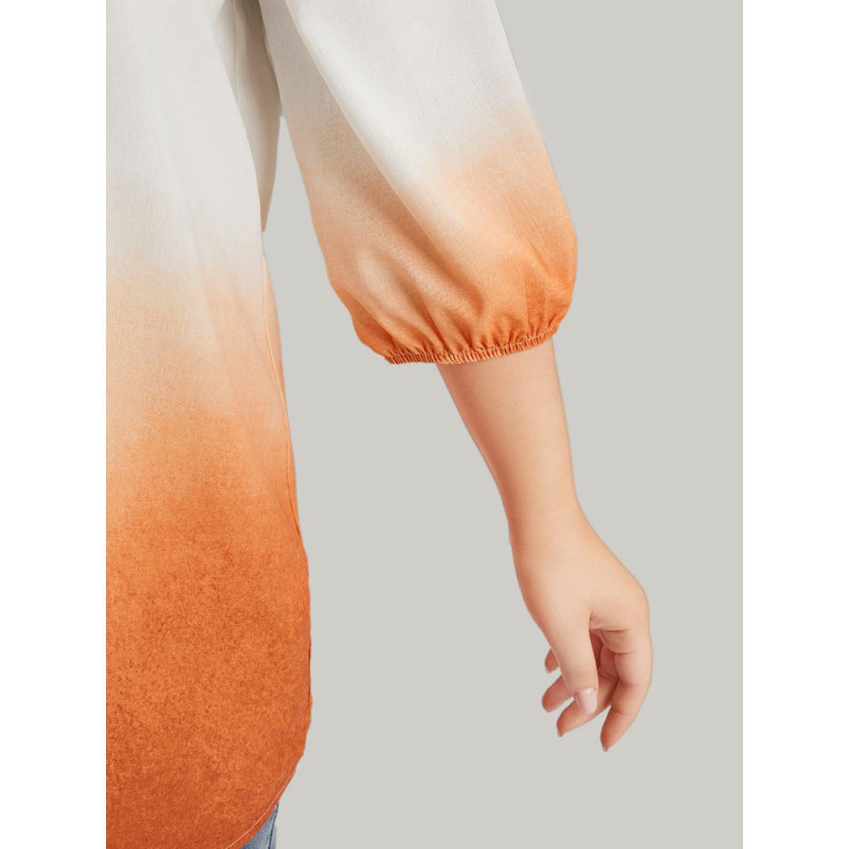 Plus Size Orange Ombre Printed Lantern Sleeve Blouse Women Vacation Elbow-length sleeve V-neck Dailywear Blouses BloomChic 10/M Product Image