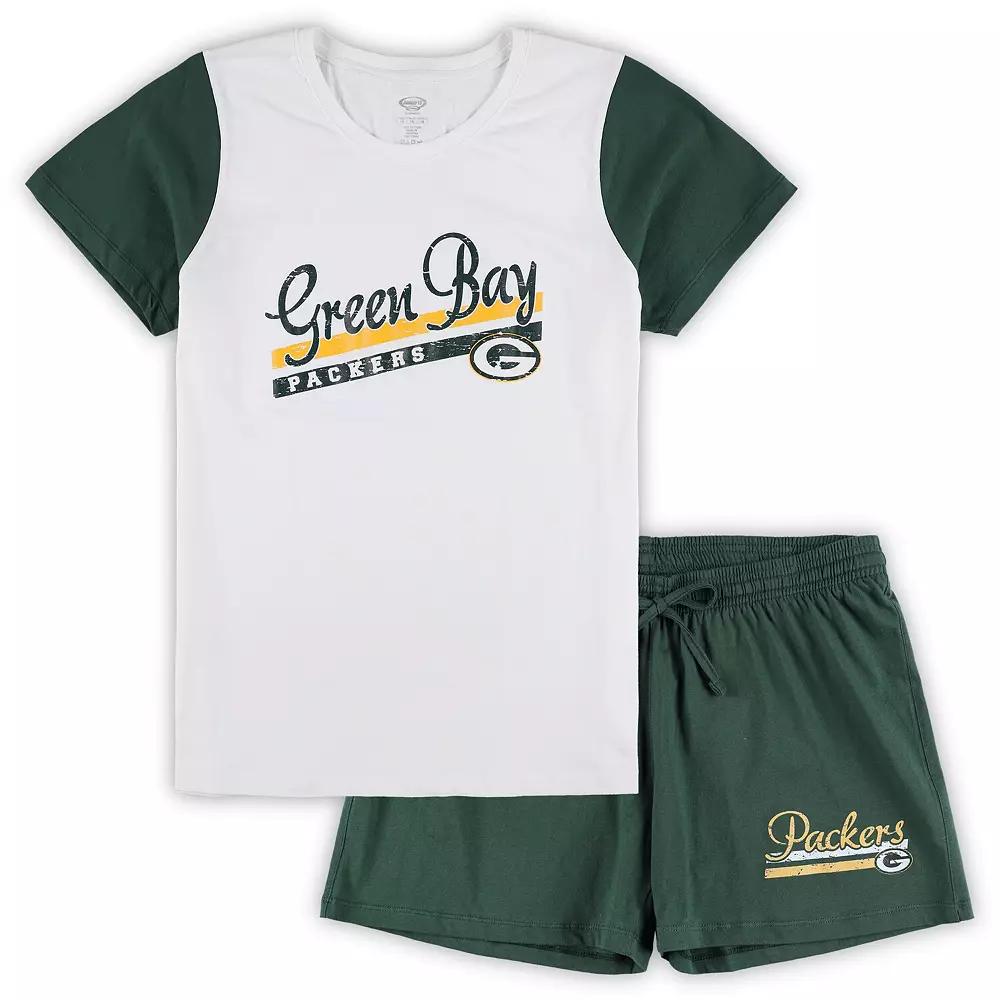 Women's Concepts Sport White/Green Green Bay Packers Plus Size Downfield T-Shirt & Shorts Sleep Set, Size: 2XL Product Image