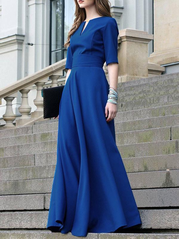 Half Sleeves High Waisted Solid Color Tied Waist V-Neck Maxi Dresses Product Image