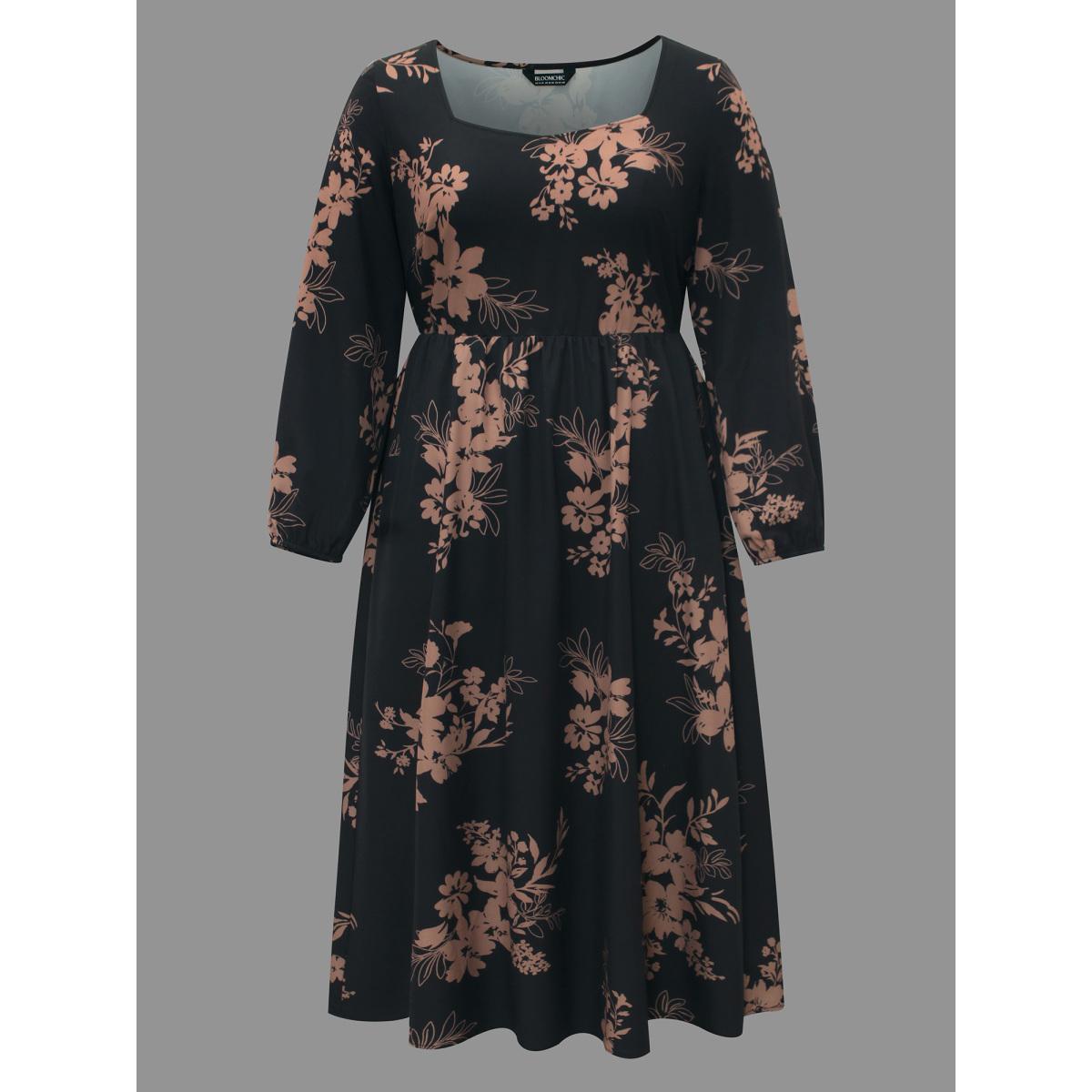 Plus Size Floral Square Neck Pocket Midi Dress Black Women Elegant Non Square Neck Long Sleeve Curvy BloomChic 18-20/2X Product Image