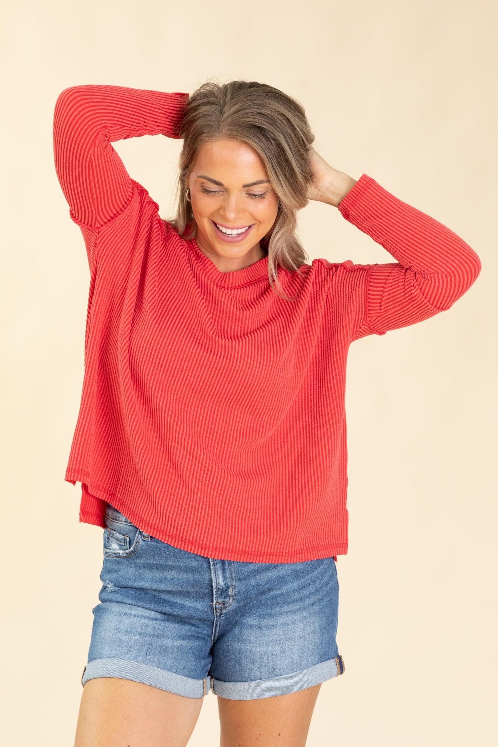 Raised Ribbed Raw Edge Long Sleeve Knit Top Product Image