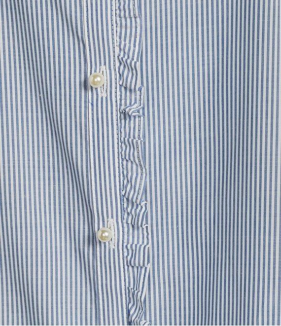 KARL LAGERFELD PARIS Poplin Striped Round Neck Ruffle 3/4 Sleeve Button Front Top Product Image