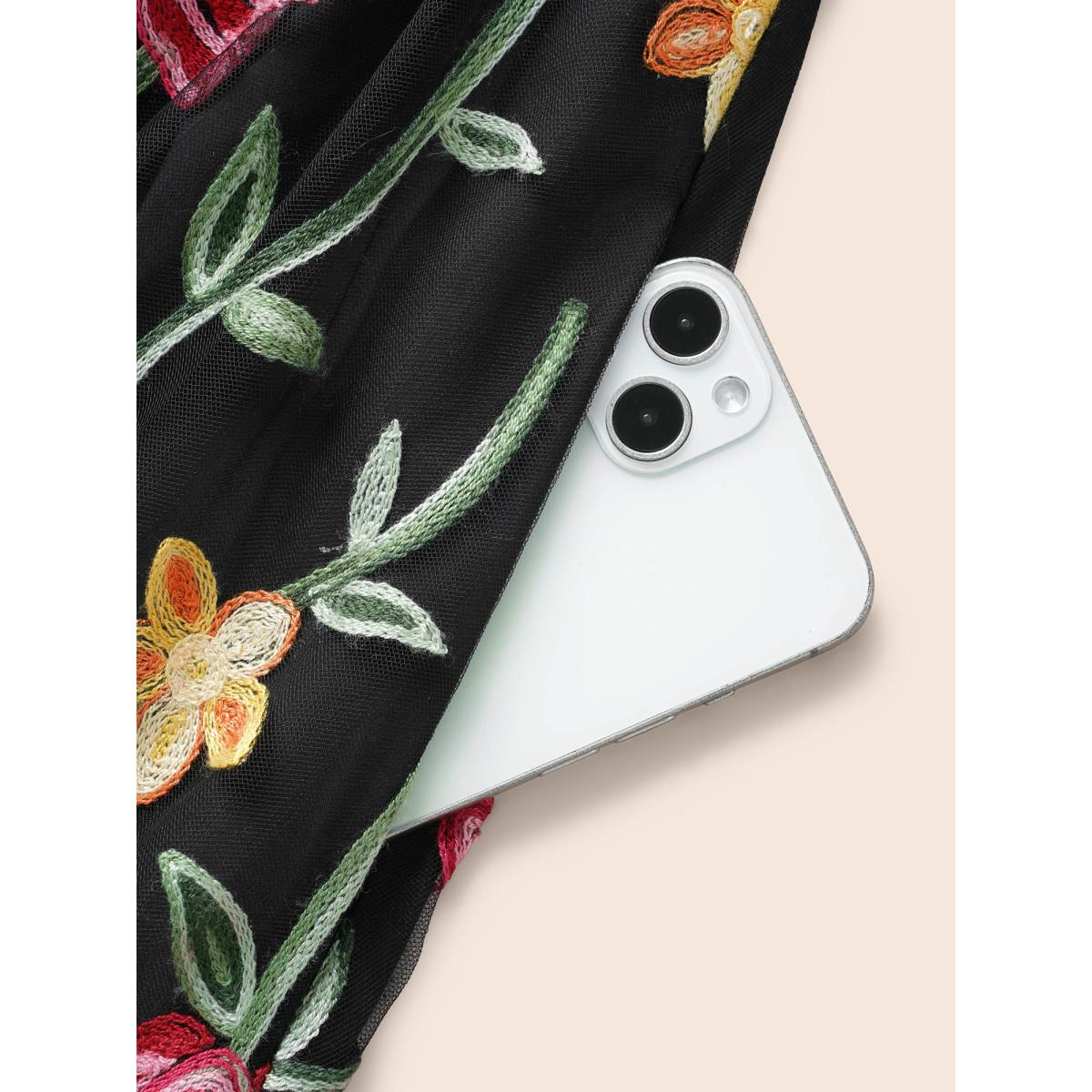 Plus Size Floral Embroidered Mesh Backless Dress Black Women Formal Texture Round Neck Cap Sleeve Curvy BloomChic 14-16/1X Product Image