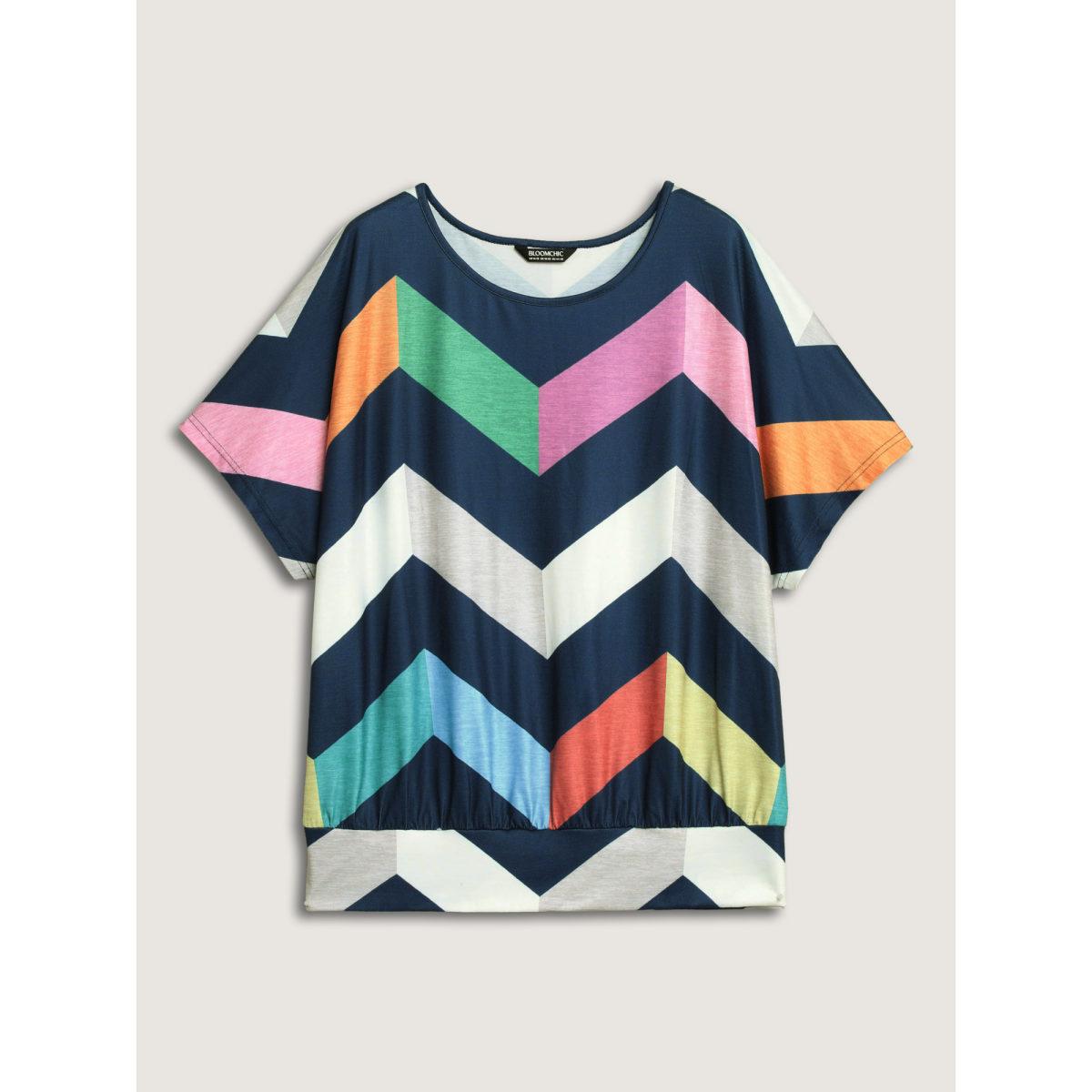 Plus Size Color Block Wavy Print T-Shirt Multicolor Women Playful Contrast Round Neck Loose Casual T-shirts BloomChic 18-20/2X Product Image