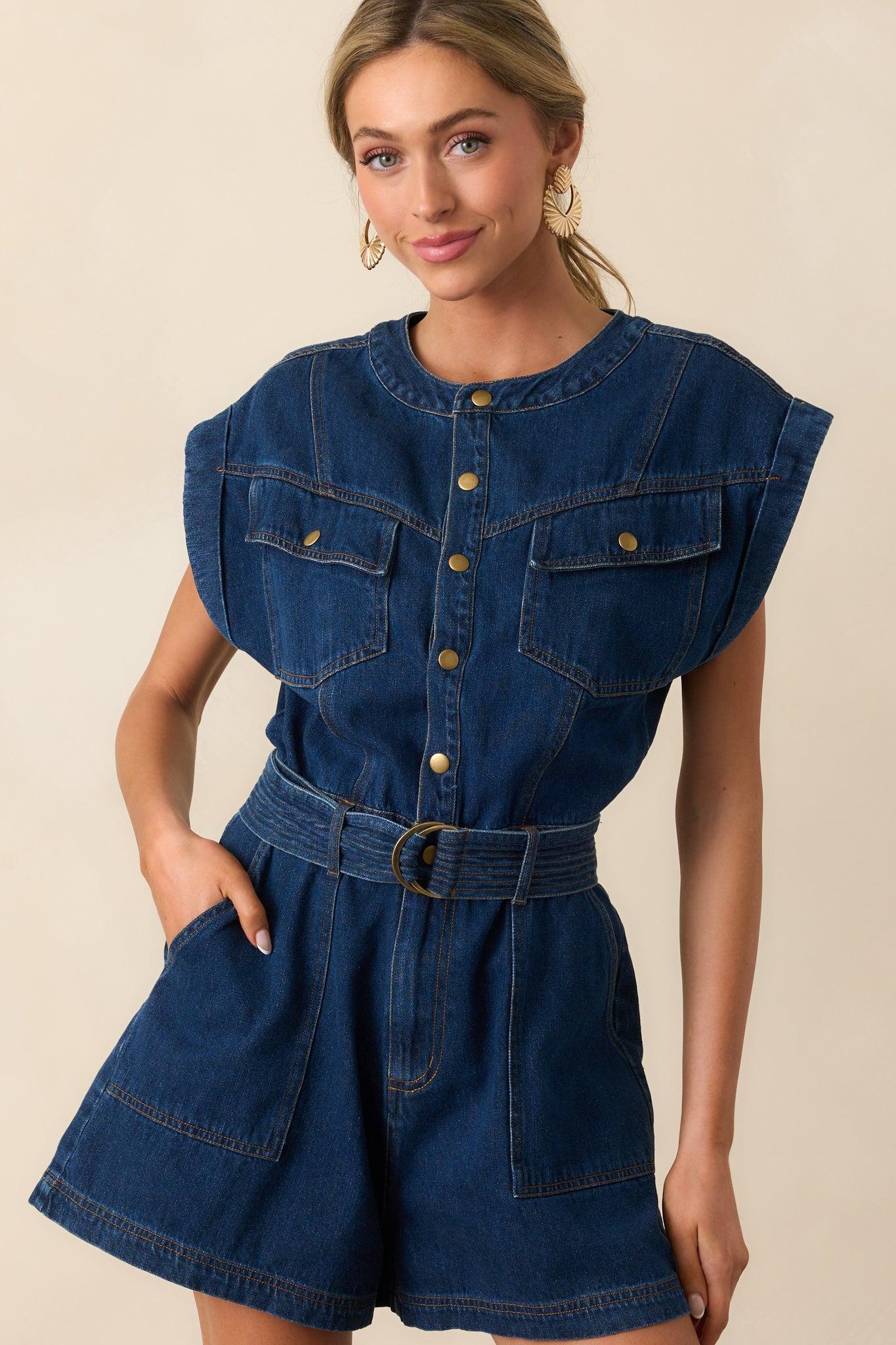 The Road Less Traveled Dark Wash Denim Romper Product Image