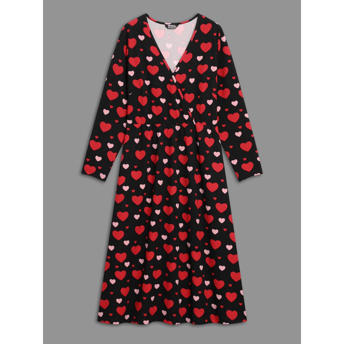 Plus Size Wrap Neck Hearts Print Knit Dress Black Women Elegant Non Knit Dresses Bloomchic 18-20/2X Product Image