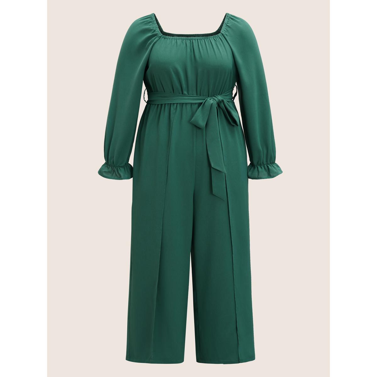 Plus Size Emerald Plain Square Neck Belted Split Hem Jumpsuit Women Resort Long Sleeve Square Neck Vacation Loose Jumpsuits BloomChic 22-24/3X Product Image