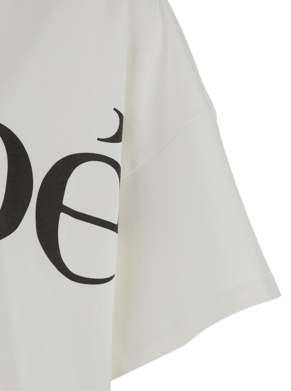 CHLOÉ White Cropped Crewneck T-shirt With Maxi Logo Print On The Front In Cotton Woman In Multicolor Product Image