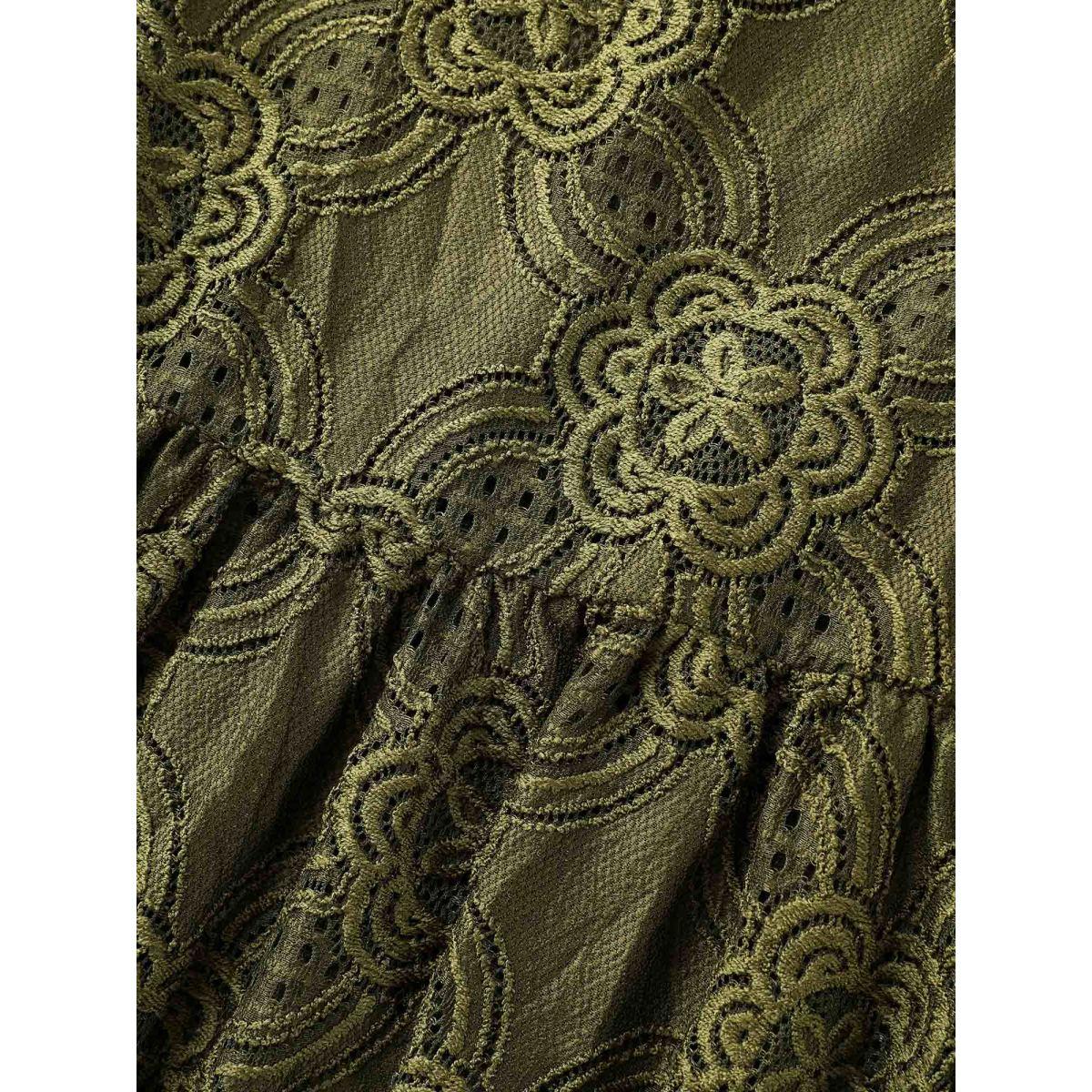 Plus Size Olive Crew Neck Crochet Lace Lantern Sleeve Blouse Women Elegant Elbow-length sleeve Round Neck Everyday Blouses BloomChic 26/4X Product Image