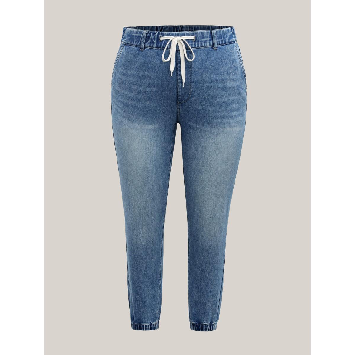 Plus Size Drawstring Waist Jogger Boyfriend Jeans Women Midblue Leisure Medium stretch Slanted pocket Jeans BloomChic 28/5X Product Image