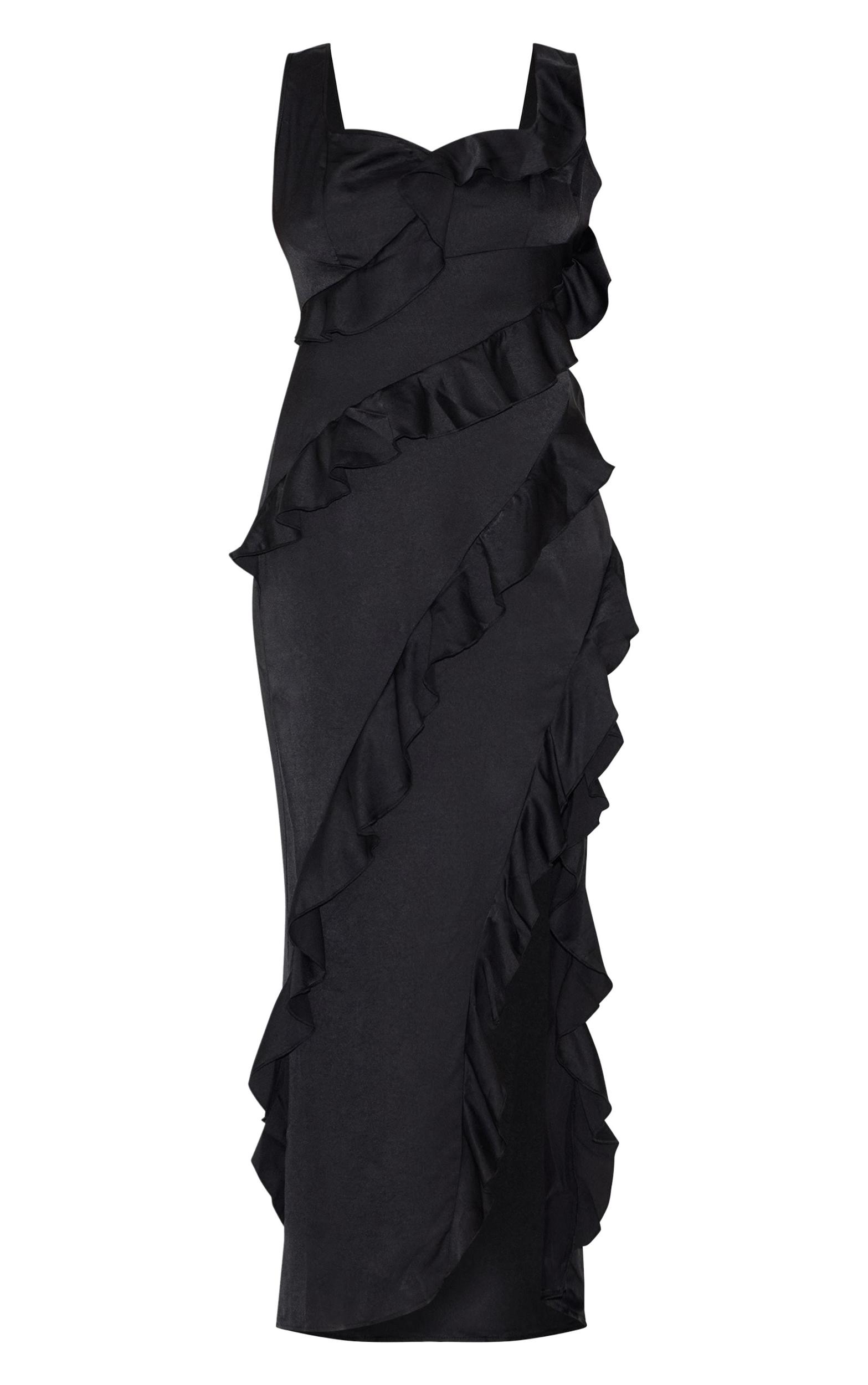 Plus Black Satin Frill Layered Maxi Dress Product Image