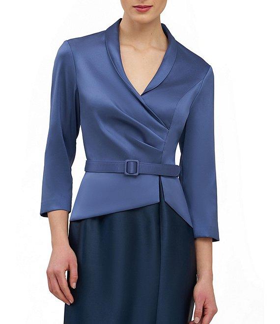 Kay Unger Annabeth V-neck 3/4 sleeve Belted Two Tone Stretch Mikado Column Gown Product Image