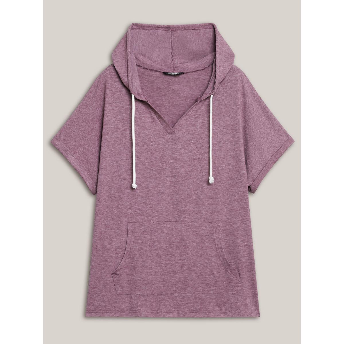 Plus Size Hooded Pockets Ties Plain T-Shirt Mauve Women Leisure Roll Hem Turtleneck Casual T-shirts BloomChic 14-16/1X Product Image