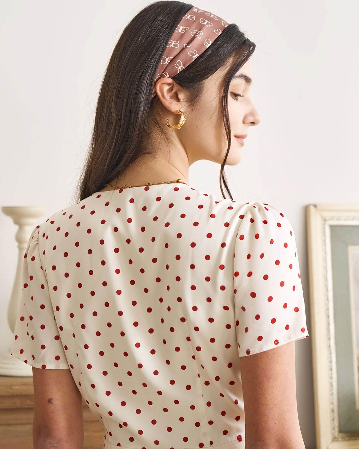 The Beige V Neck Polka Dot Button Midi Dress Product Image