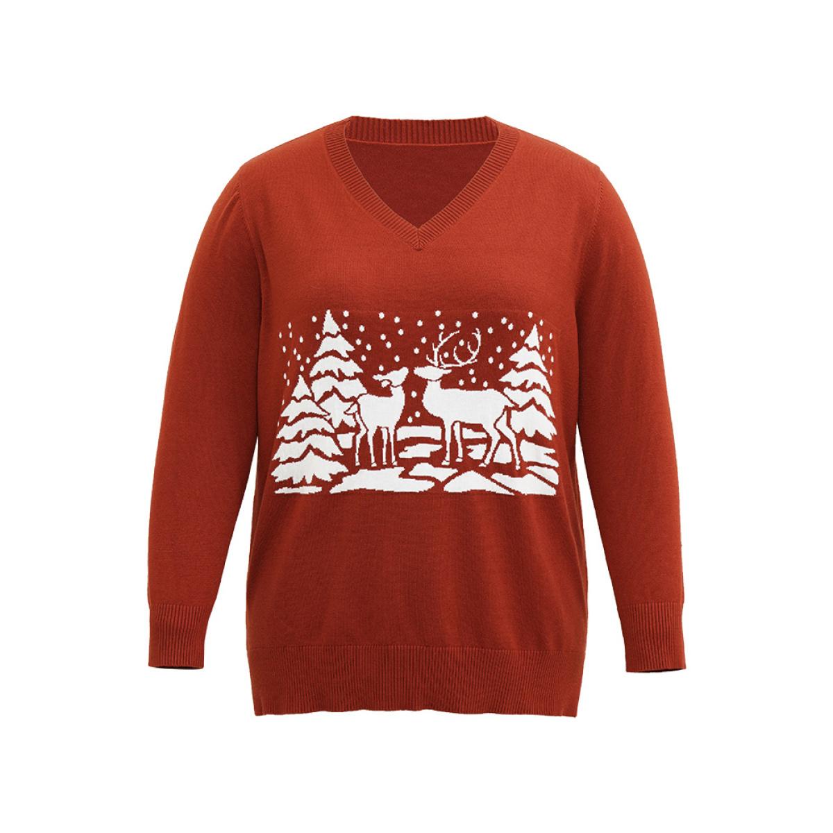Plus Size Anti-Pilling Christmas Trees & Elk Print Pullover Rust Women Casual Loose Long Sleeve V-neck Festival-Christmas Pullovers BloomChic 28/5X Product Image