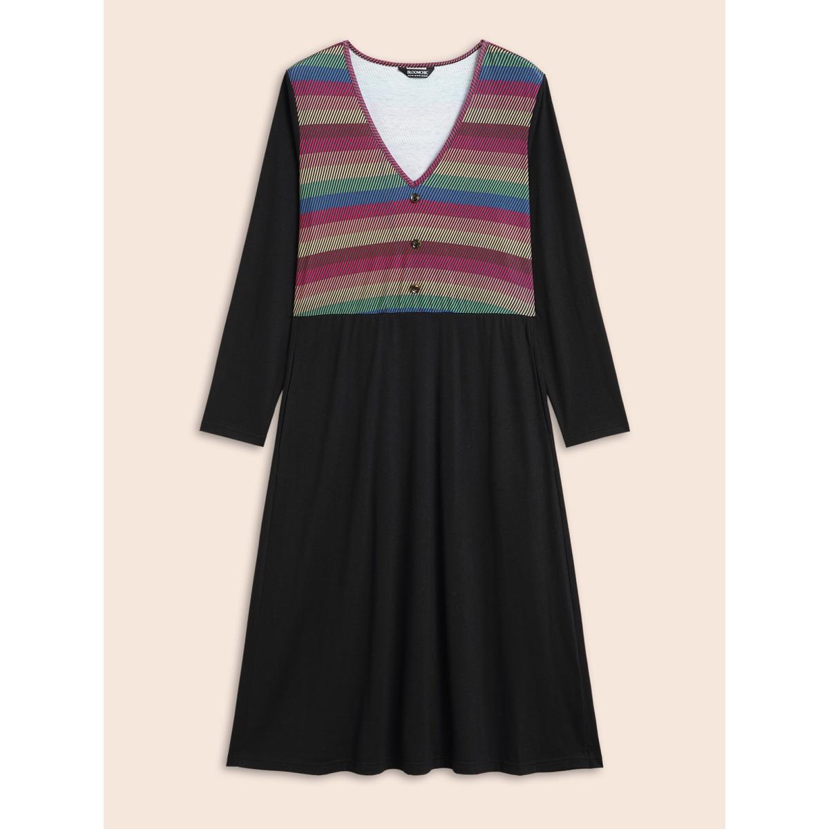 Plus Size Contrast Striped Button Detail Midi Dress Black Women Elegant Contrast V-neck Long Sleeve Curvy BloomChic 26/4X Product Image