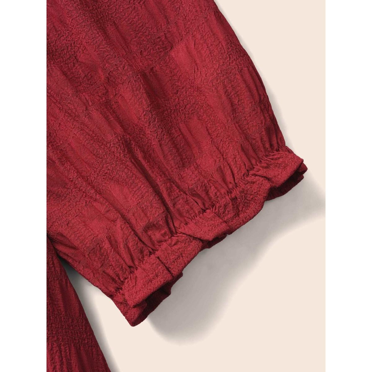 Plus Size Square Neck Broderie Anglaise Patchwork Shirred Dress Denimburgundy Women Elegant Woven ribbon&lace trim Square Neck Elbow-length sleeve Curvy BloomChic 22-24/3X Product Image