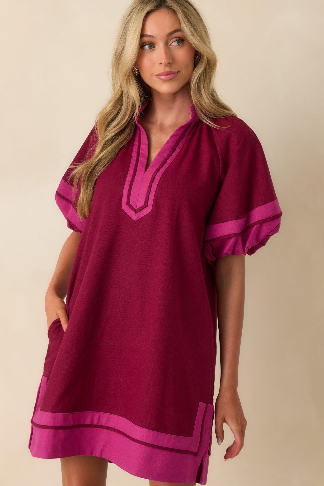 Made It Work Berry Linen Blend Short Sleeve Mini Dress L / Berry Product Image