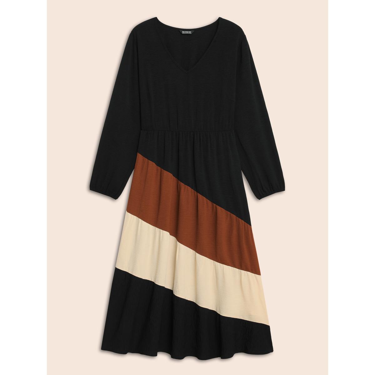 Plus Size Colorblock Contrast Gathered Lantern Sleeve Dress Black Women Elegant Contrast V-neck Long Sleeve Curvy BloomChic 18-20/2X Product Image