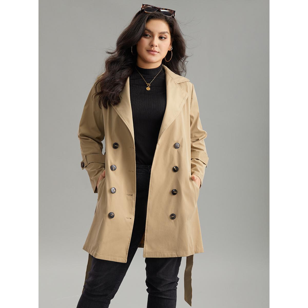 Plus Size Plain Double Breasted Lapel Collar Belted Trench Coat Women Champagne Casual Plain Ladies Everyday Winter Coats BloomChic 18-20/2X Product Image
