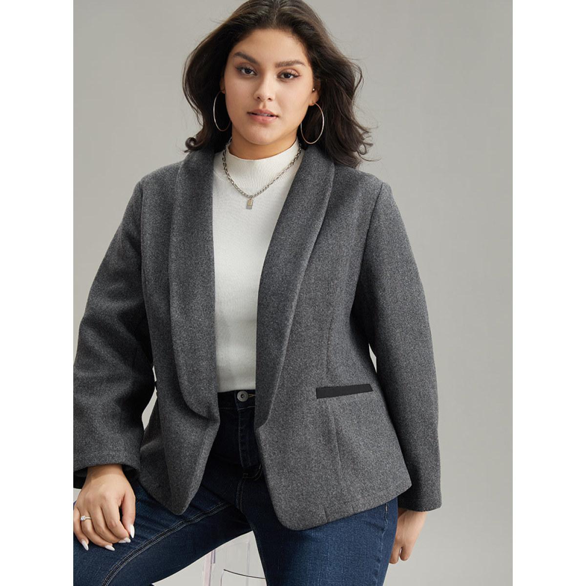 Plus Size Lapel Collar Texture Pocket Contrast Trim Blazer Gray Women Work Plain Texture Sleeve Long Sleeve Lapel Collar 18-20/2X Pocket At the Office Blazers BloomChic Product Image