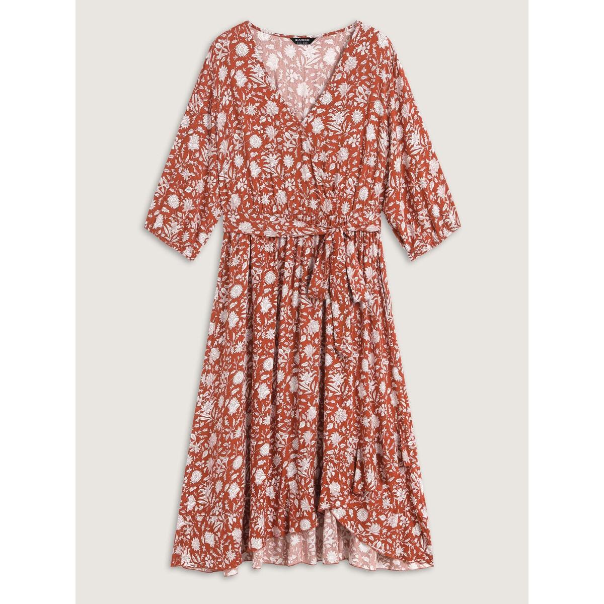 Plus Size Rayon Silhouette Flower Side-Tie Midi Dress Coral Women Boho Overlapping Overlap Collar Elbow-length sleeve Curvy BloomChic 18-20/2X Product Image