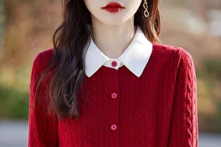 Collar Two Tone Cable-Knit Cardigan Product Image