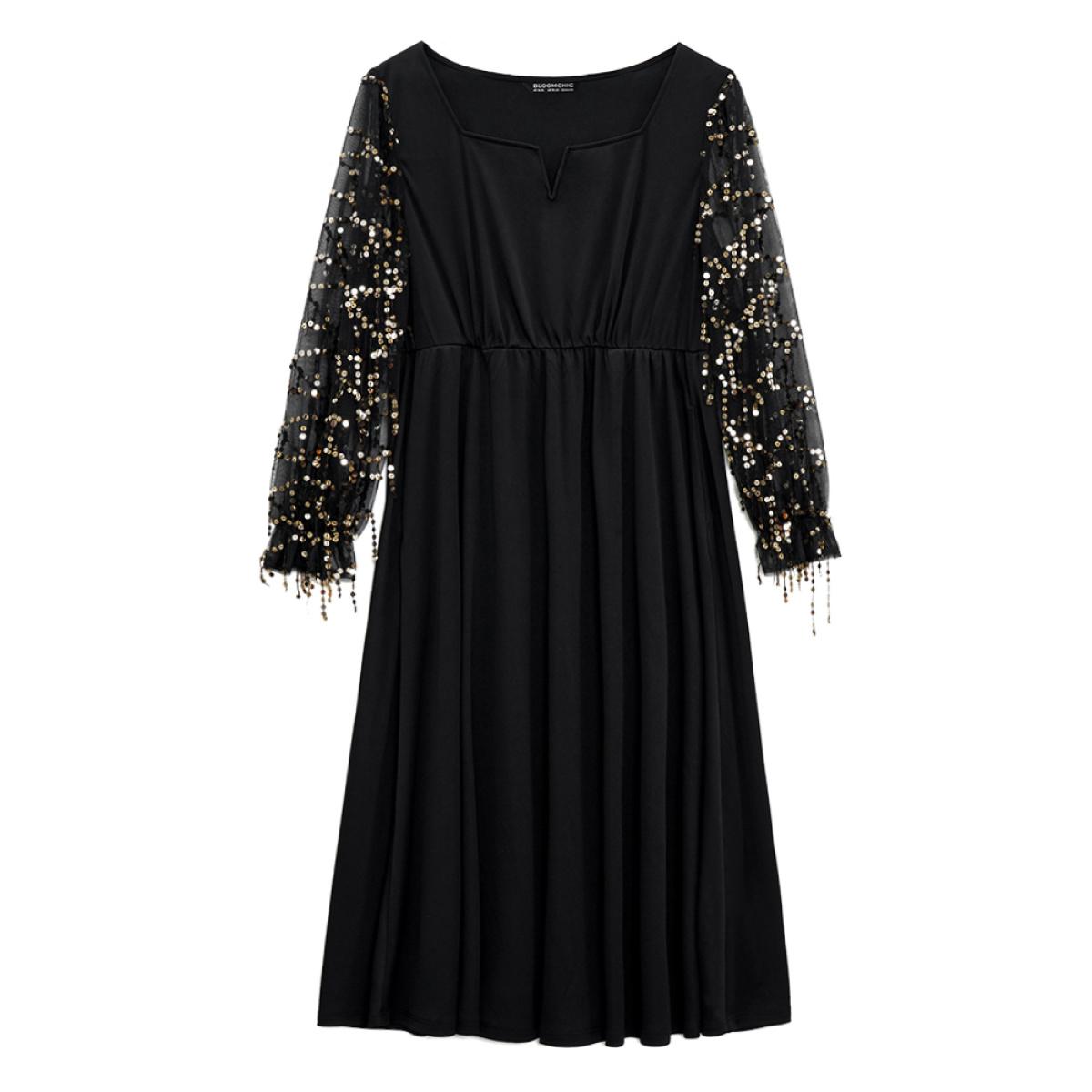 Plus Size Notched Mesh Gathered Sequin Tassel Trim Dress Black Women Glamour Sequin Notched collar Long Sleeve Curvy Midi Dress BloomChic 14-16/1X Product Image